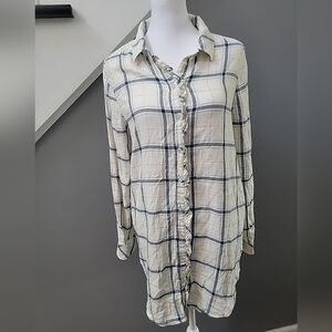 Aerie Sleep Shirt Womens Medium Gown Button Up White Long Sleeve Plaid Comfort